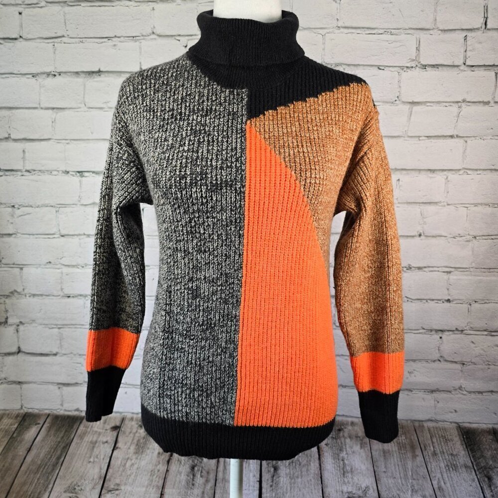 WOMENS COLORBLOCK GEOMETRIC KNIT TURTLENECK SWEATER, BLACK BROWN ORANGE SIZE S